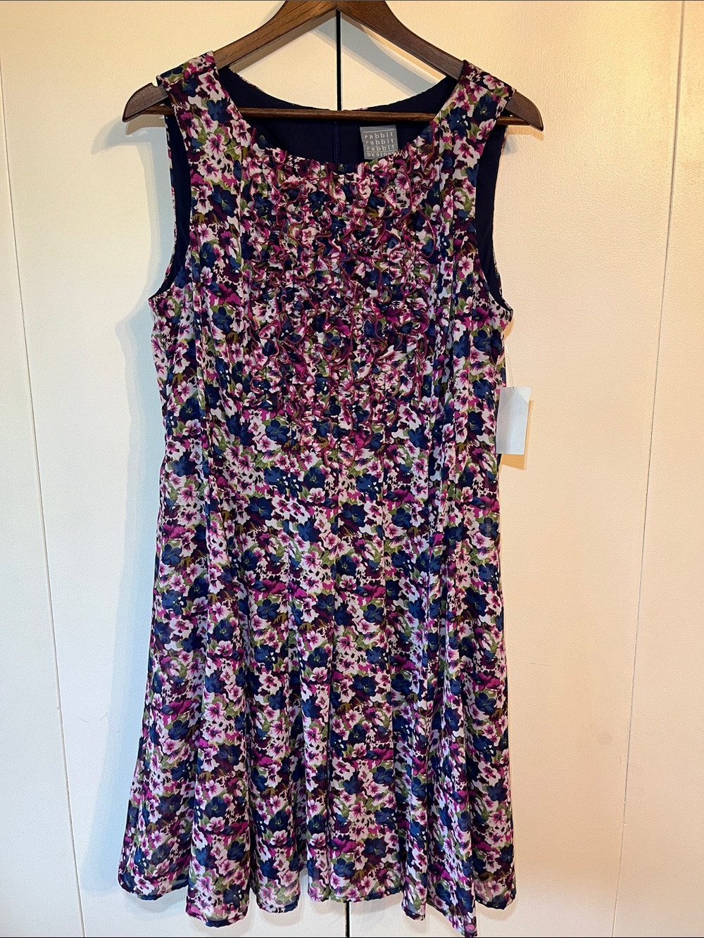 Rabbit Rabbit Rabbit Floral Ruffle Front Dress in Navy and Magenta